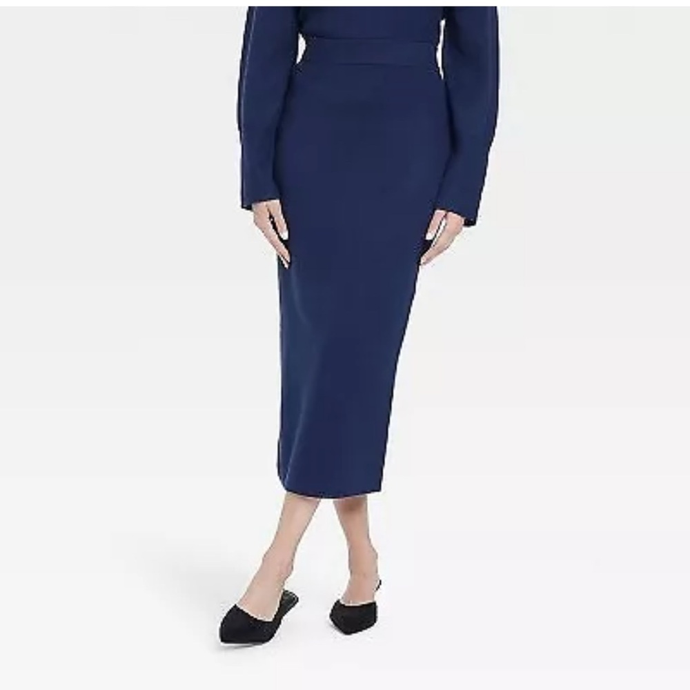 Women's Cozy Knit Midi Sweater Skirt - A New Day Navy L NWOT